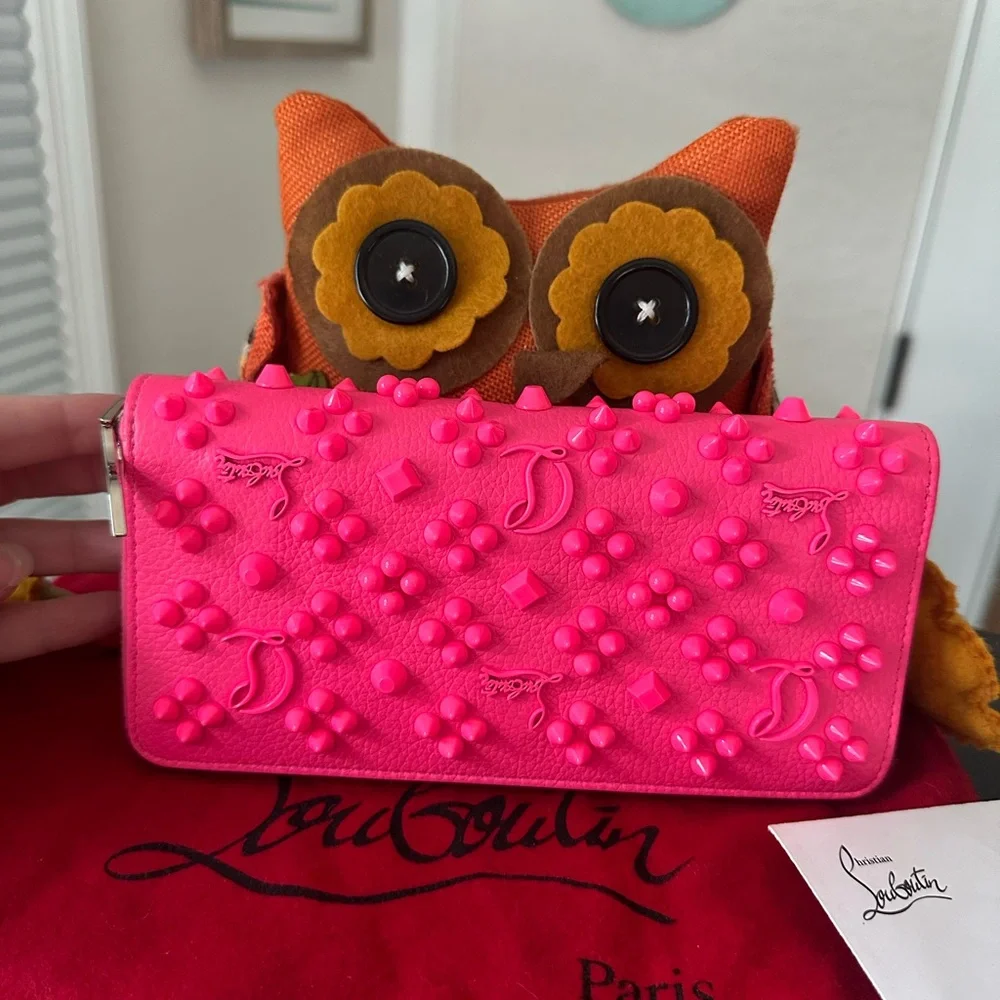 Christian Louboutin RARE COLOR Neon Pink Studded Wallet zip Card Holder - Picture 8 of 13